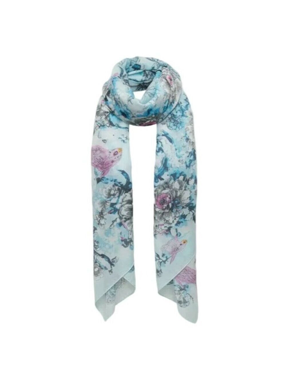 Blue Floral Bird Print Chiffon Scarf – Sheer Lightweight Wrap Shawl 62 x 19 Wome